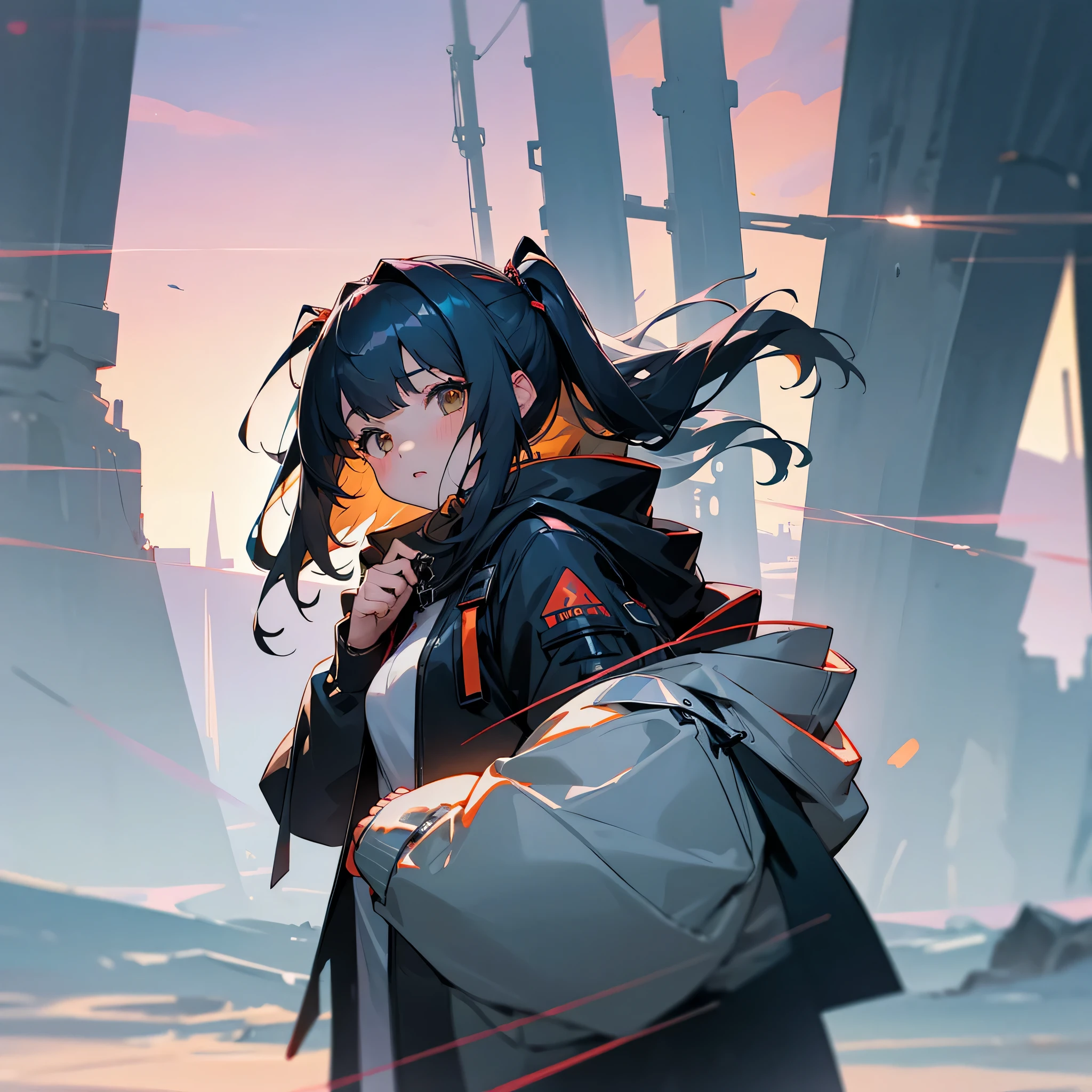 1girl, jacket, outdoor, hoodie, open jacket, chain,cute, kawai, looking at another, trending on artstation, 8k resolution, highly detailed, anatomically correct, sharp image, digital painting, concept art, trending on pixiv, soft femenine colors, attractive aspect, hot look, arknights looks, arknights anime