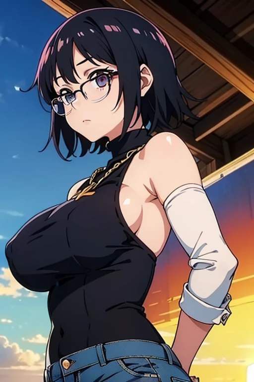 (masterpiece, high resolution, best quality, anime colored, anime screencap, 8k, photorealistic), Shizuku Murasaki, 1girl, cute, black hair, short hair, glasses, expressionless, huge breast, (tight black turtleneck long sleeve), (upper body, looking at view, from below), denim, inverted cross chain necklace, (perfect detailed anatomy, beautiful detailed eyes&hair, beautiful face, shiny skin), sunshine outdoors