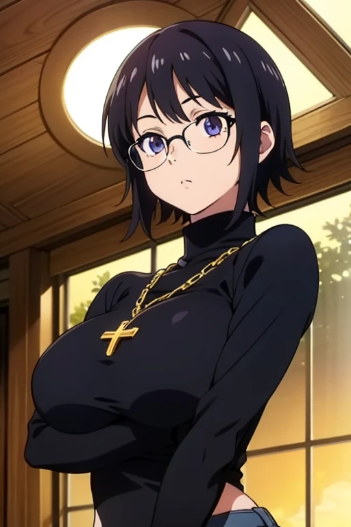 (masterpiece, high resolution, best quality, anime colored, anime screencap, 8k, photorealistic), Shizuku Murasaki, 1girl, cute, black hair, short hair, glasses, expressionless, huge breast, (tight black turtleneck long sleeve), (upper body, looking at view, from below), denim, inverted cross chain necklace, (perfect detailed anatomy, beautiful detailed eyes&hair, beautiful face, shiny skin), sunshine outdoors