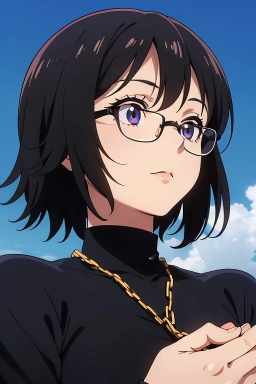 (masterpiece, high resolution, best quality, anime colored, anime screencap, 8k, photorealistic), Shizuku Murasaki, 1girl, cute, black hair, short hair, glasses, expressionless, huge breast, (tight black turtleneck long sleeve), (upper body, looking at view, from below), denim, inverted cross chain necklace, (perfect detailed anatomy, beautiful detailed eyes&hair, beautiful face, shiny skin), sunshine outdoors