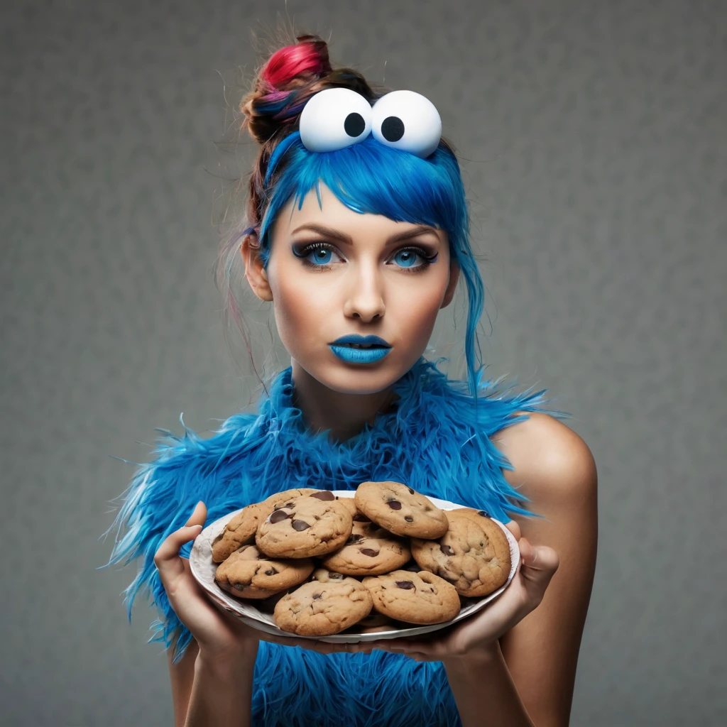 (best quality, highres, ultra-detailed), (realistic:1.37)

Image divided into 8 parts, catalog of different types of "Cookie Monster" next to stunning ponytailed Czech anorexic sexy woman,, (vivid colors), (concept artists), natural lighting