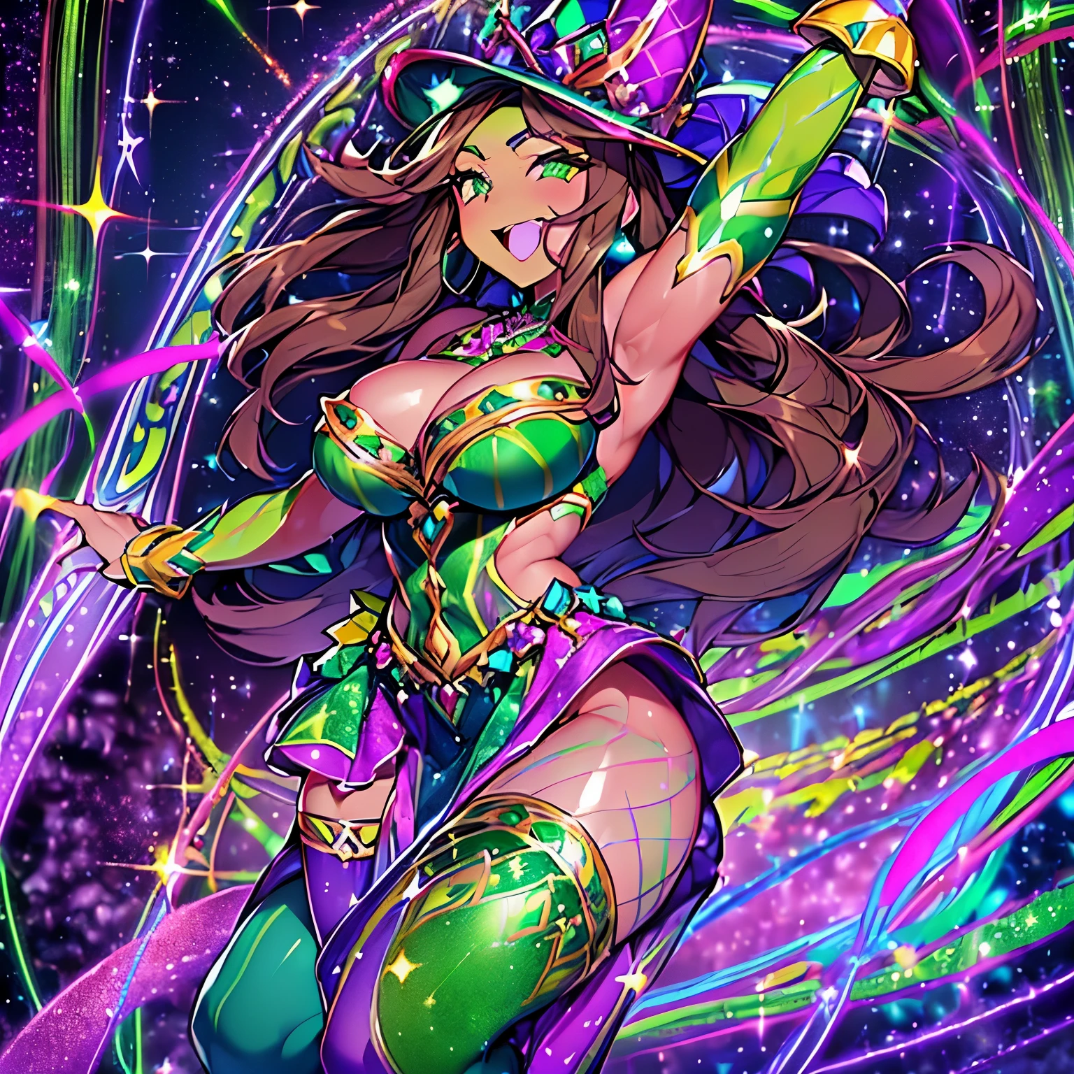 ((Beautiful)) ((Green eyes)) ((mardi gras theme)) ((extra larger breast)) ((hourglass figure)) ((wide hips)) ((Brown hair)) ((long hair)) ((Margi gras fitted outfit)) ((high purple stocking)) ((high green stocking)) ((glitter everywhere)) ((green glitter)) ((yellow glitter)) ((purpel glitter)) ((baton)) ((gold baton)) ((twirling boton)) ((elegant smile)) ((playfull)) ((excited expression)) ((prade background)) ((skin tight outfit))