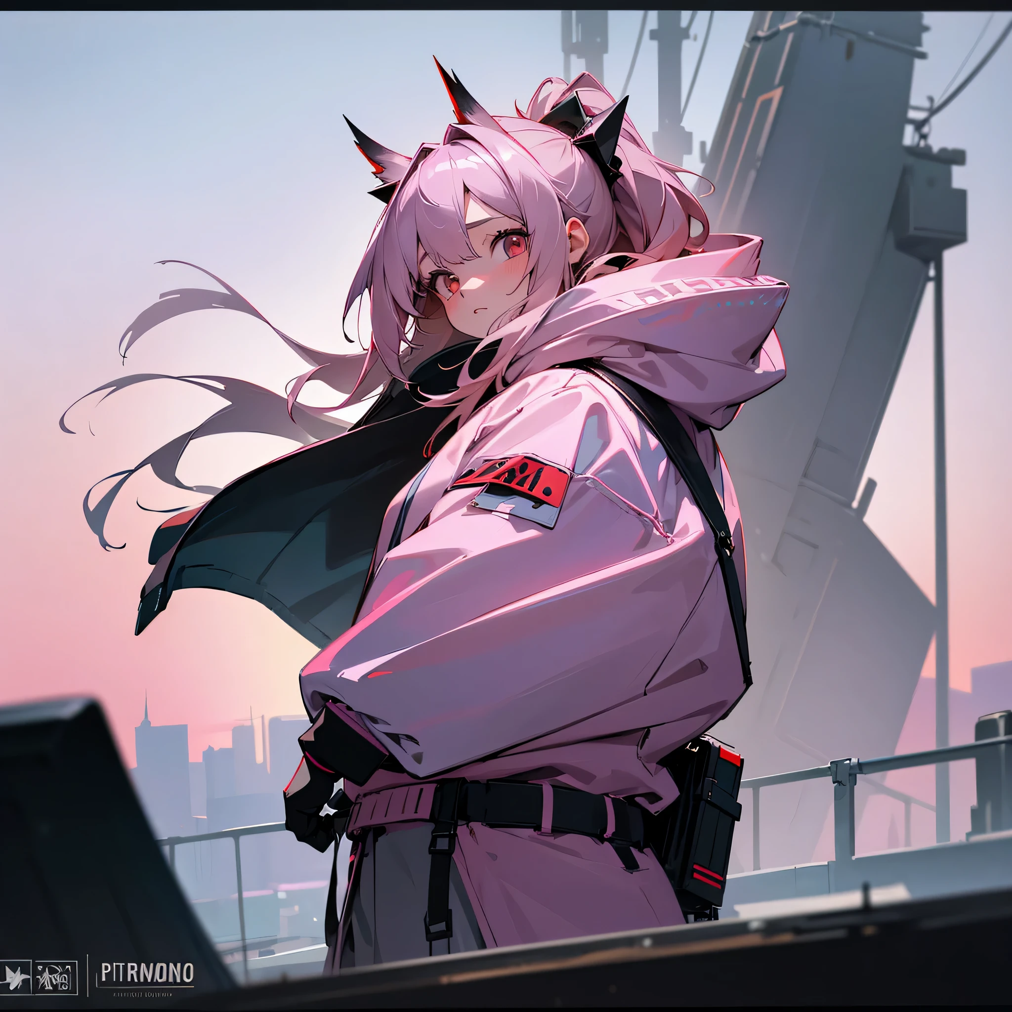 1girl, jacket, outdoor, hoodie, open jacket, chain,cute, kawai, looking at another, trending on artstation, 8k resolution, highly detailed, anatomically correct, sharp image, digital painting, concept art, trending on pixiv, soft femenine colors,pink, attractive aspect, hot look, arknights looks, arknights anime