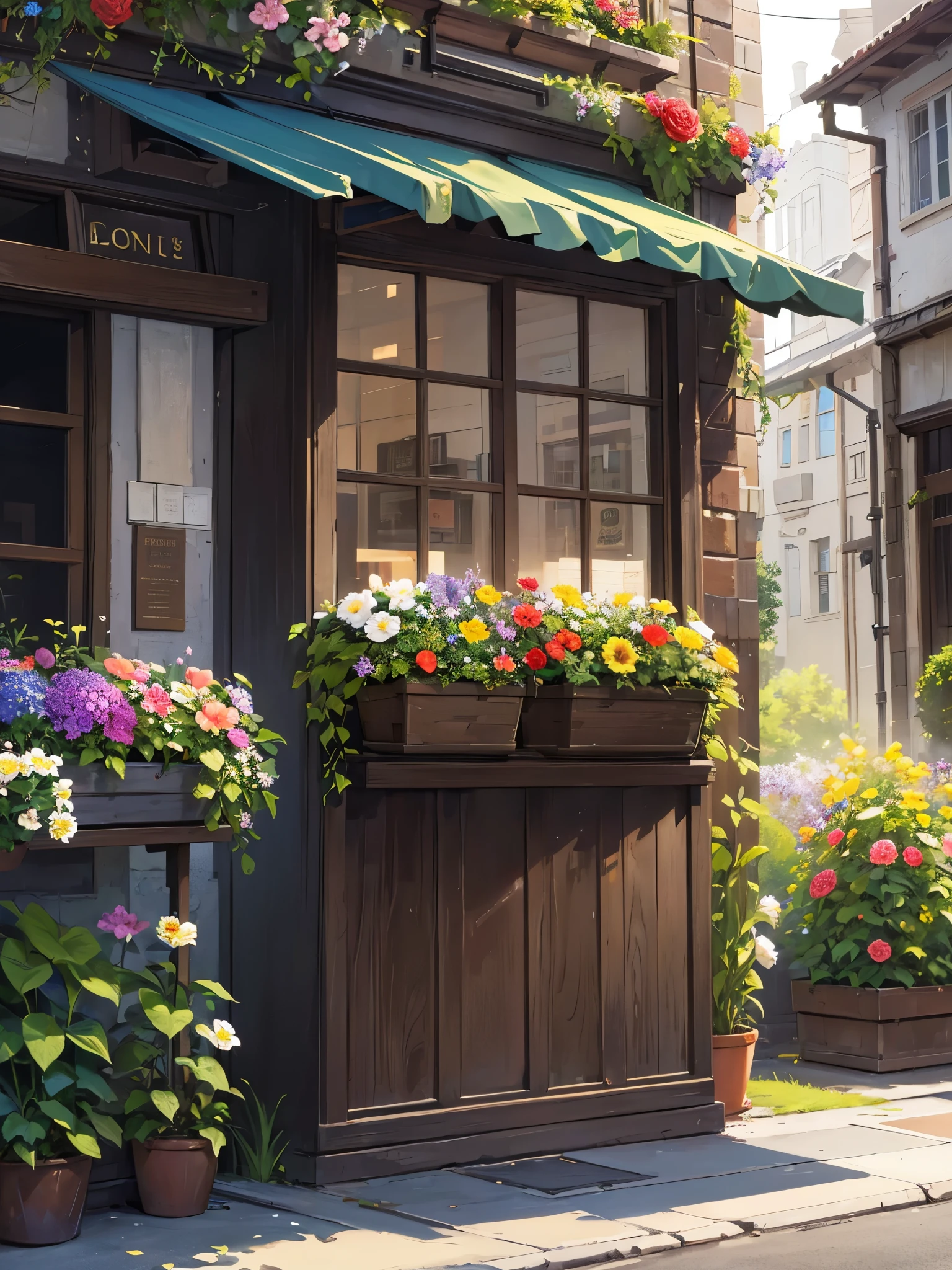 (masterpiece:1.2), best quality, high resolution, unity 8k wallpape, perfect lighting, extremely detailed CG, 
(flowers),flower_shop,street