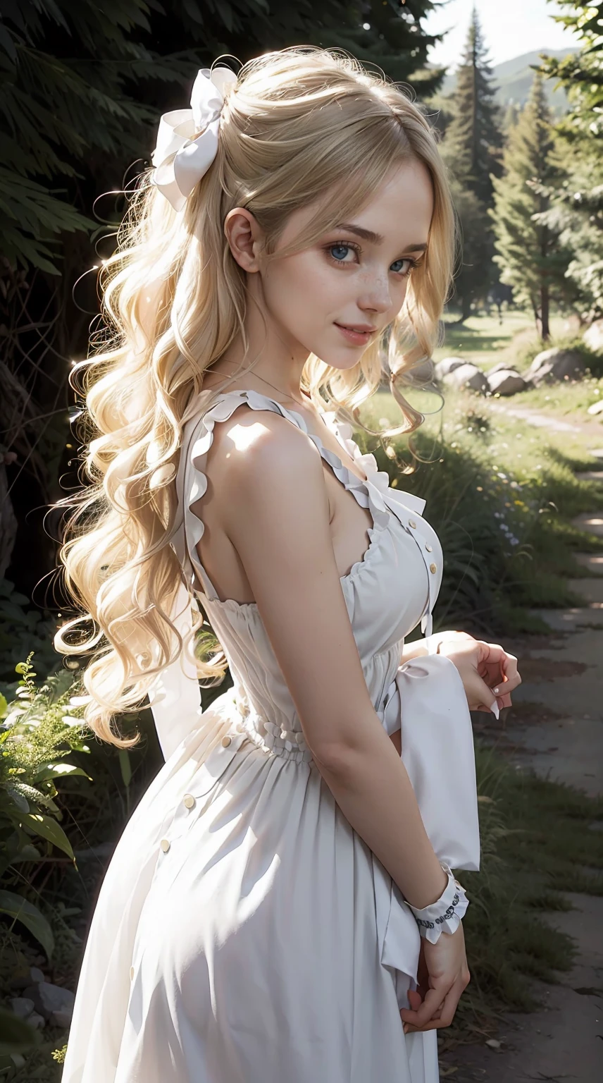 American white woman with unparalleled looks、Shedding white skin、dark blonde、medium long hair、wearing a ribbon headband、Hair is wavy、The ends of the hair are curled、Loosely braided、blue eyes 、slender、Out of focus background of open meadow in the forest、The sun filtering through the trees is beautiful、smile、looking at the camera、slenderでありながら胸が大きく均整の取れた身体、Posing like a model、Raking up hair、There must be space above the head、Breast bare、very high definition、Wrapping a scrunchie around the wrist、Wearing high-necked sleeveless clothes