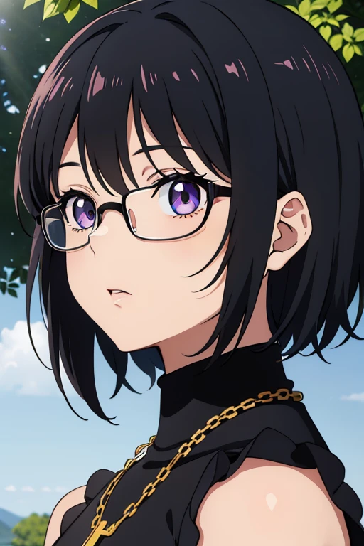 (masterpiece, high resolution, best quality, anime colored, anime screencap, 8k, photorealistic), Shizuku Murasaki, 1girl, cute, black hair, short hair, glasses, expressionless, huge breast, (tight black turtleneck long sleeve), (upper body, looking at view, from side), denim, inverted cross chain necklace, (perfect detailed anatomy, beautiful detailed eyes&hair, beautiful face, shiny skin), sunshine outdoors