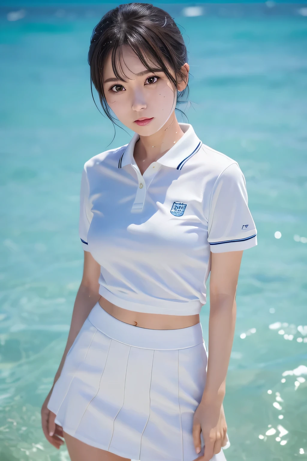 1 girl, alone, White polo shirt, white sneakers, white miniskirt, masterpiece, top quality, actual, Ultra-detailed, (shiny skin, sweaty: 1.4), absurd, camera stare, short black hair, brown eyes, thin and long, dynamic lighting, high resolution, sharp focus, depth of field, delicate eyes, sharp vision, actual eyes, (big deal: 1.2), (Thick thighs: 1.0), outdoor, Sky, korean idol, nogizaka idol, idol carving, actor,Standing on the beach