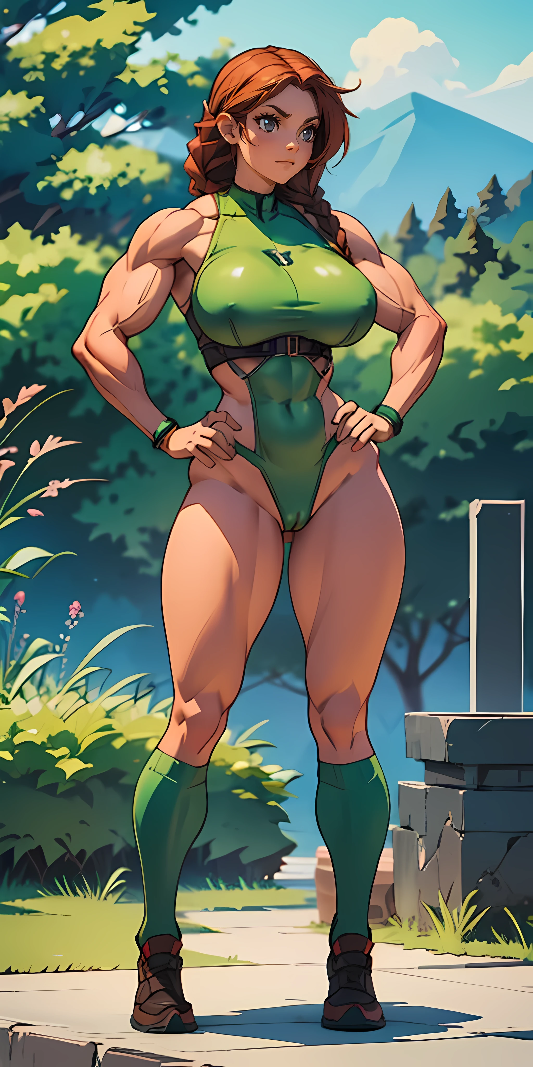 ((NSFW)), ((Muscular)), green eyes, girl, thick thighs, braids on her left side, ((wide hips)), (((Huge breasts)))
