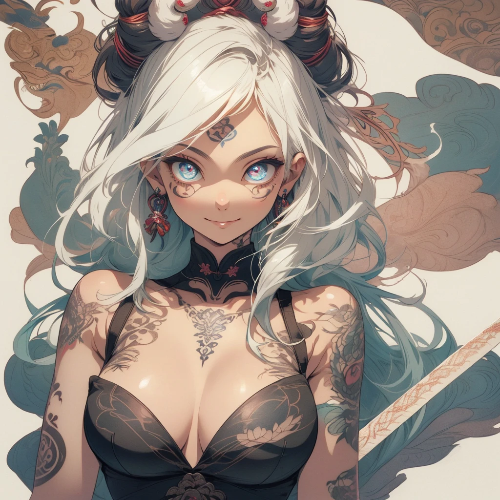 (((highest quality))),(((32k))),(((girl with tattoos))),very delicate face,(perfect physical beauty),(Super beautiful woman),Fancy hair color,earrings,(((big breasts))),(Emphasize cleavage),mandala,Geometric pattern,coat of arms,Detailed tattoo,(((detailed eyes))),Charm,The face is beautiful,background is white,smile,Japanese sculpture,stick out tongue,Bodhidharma,Yasa,Demon Fox,Japanese style,Buddha,((detailed perfect arms)),split tongue,breast enhancement,