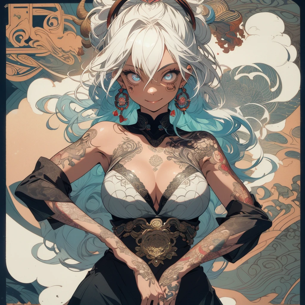 (((highest quality))),(((32k))),(((girl with tattoos))),very delicate face,(perfect physical beauty),(Super beautiful woman),Fancy hair color,earrings,(((big breasts))),(Emphasize cleavage),mandala,Geometric pattern,coat of arms,Detailed tattoo,(((detailed eyes))),Charm,The face is beautiful,background is white,smile,Japanese sculpture,stick out tongue,Bodhidharma,Yasa,Demon Fox,Japanese style,Buddha,detailed perfect arms,split tongue,