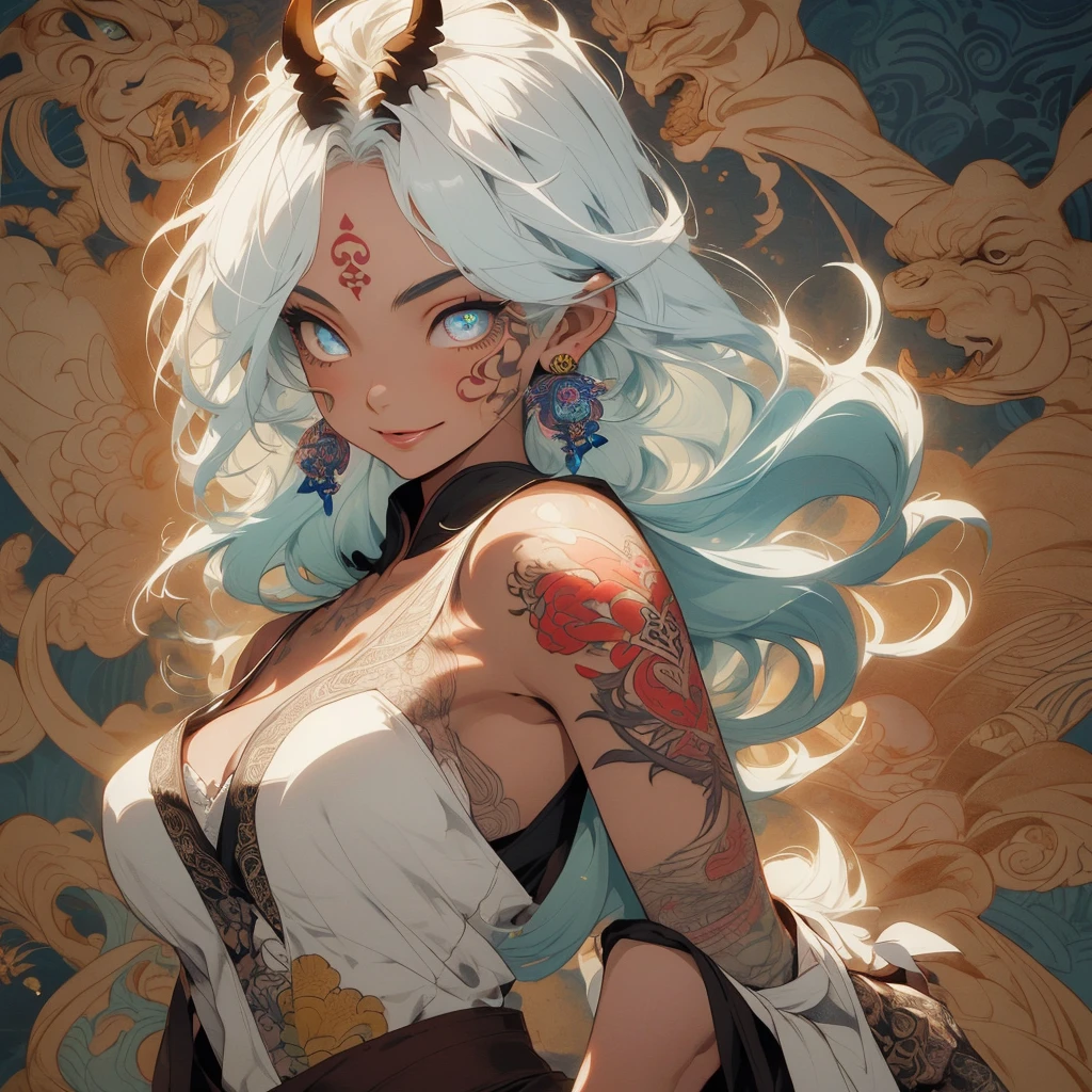 (((highest quality))),(((32k))),(((girl with tattoos))),very delicate face,(perfect physical beauty),(Super beautiful woman),Fancy hair color,earrings,(((big breasts))),(Emphasize cleavage),mandala,Geometric pattern,coat of arms,Detailed tattoo,(((detailed eyes))),Charm,The face is beautiful,background is white,smile,Japanese sculpture,stick out tongue,Bodhidharma,Yasa,Demon Fox,Japanese style,Buddha,((detailed perfect arms)),split tongue,breast enhancement,