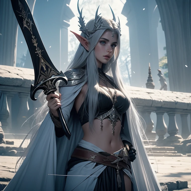 descreva Eurien uma elfa arqueira com uma espada elfica forjada pelos anoes de bardo com metal Mir e pedras de madi de lamouhar elfica, apparently she is 26 years old and is from the city of the White Elves of the elven citadel
