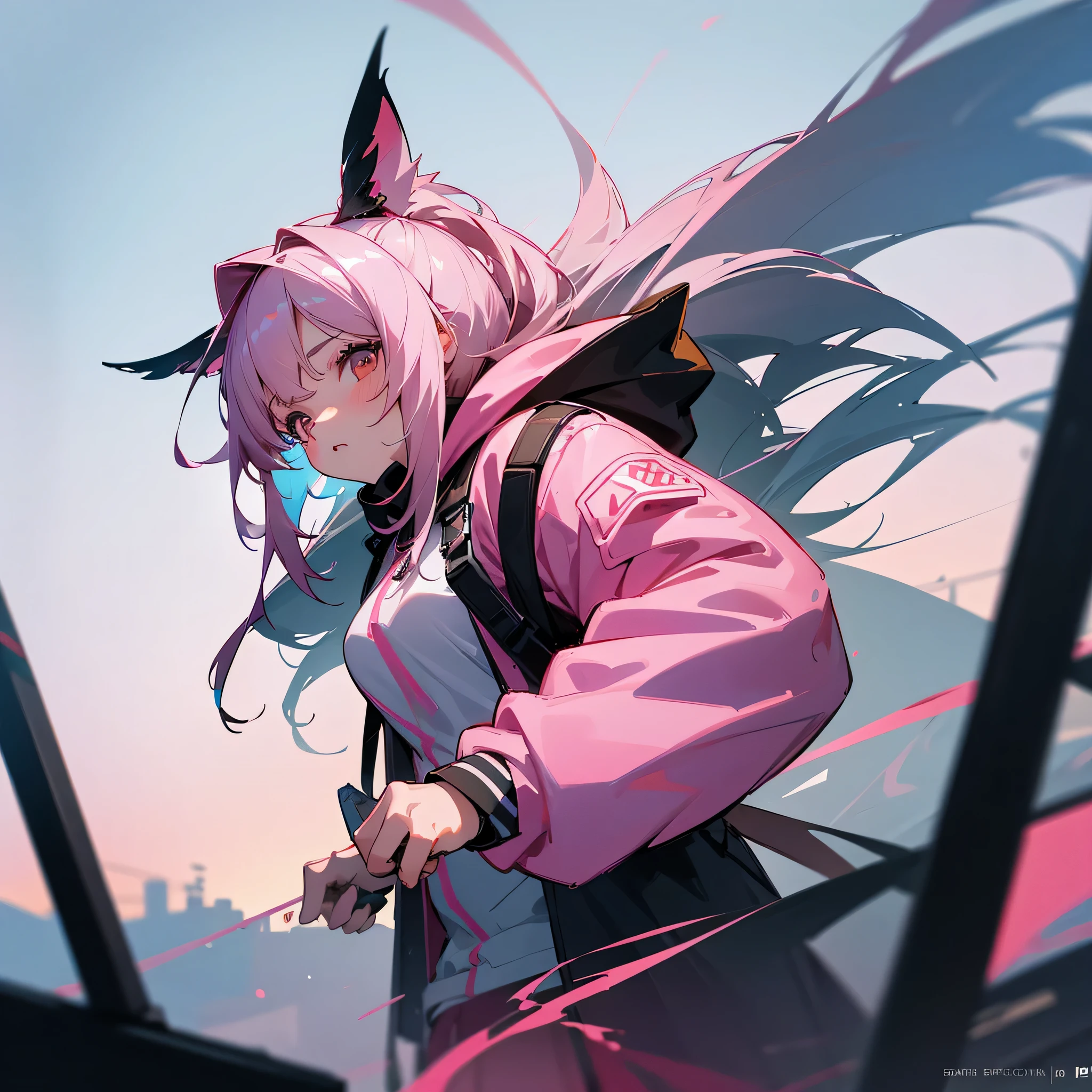 Anime bunny girl teacher with white hair, and magenta-green heterochromia walking down a street