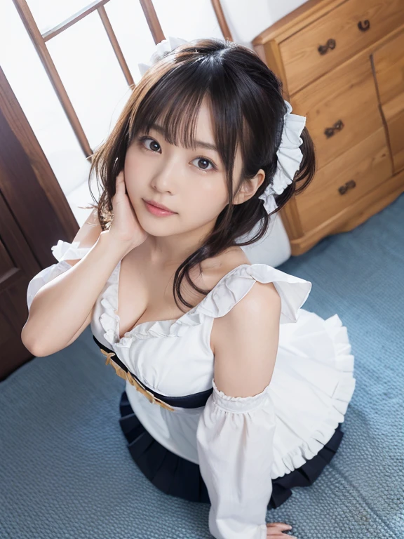 1 girl、realistic skin texture、Long hair up to the waist、Bedで乱れた髪、smile、stare(cleavage looks bigger)(((frillsの沢山付いた豪華な白黒のクラシックmaid服、very short mini skirt))) (21 year old girl、small face、very beautiful face、natural makeup)(fair skin)(Glitter eyes)dress、frills、interior of old western building、short sleeve、、maid、maidエプロン、puffy sleeve、beautiful armpits、round beautiful breasts、beautiful cleavage、thin waist、constriction、big ass、thin thighs、Movie Writing、exciting and sensual poses、sexy。Bedroom、Bed、Bedでsleep、arms raised、Cross your legs、Angle up to the knees((((sleep:1))))(((center of body、Full body shot from above)))