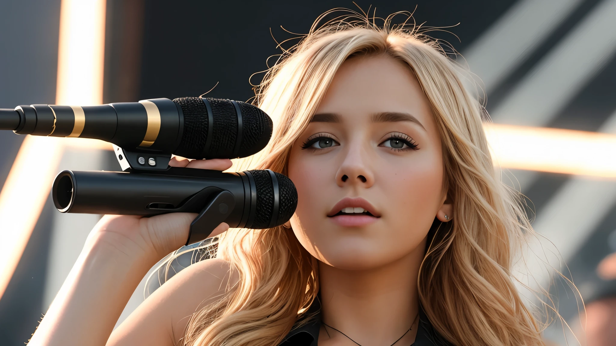 8k, best quality, masterpiece, realistic, ultra detail, photo-realistic, Increased quality, photo of a female singer on the outdoor stage, blonde hair, photorealistic, sunlight,