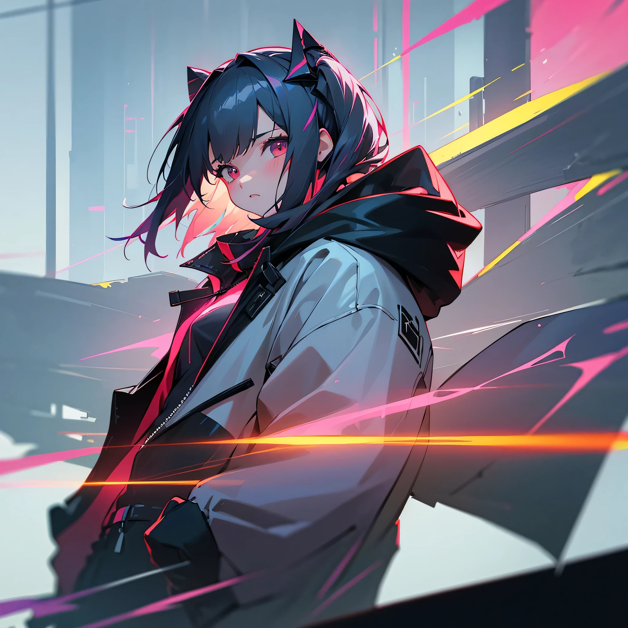 1girl, jacket, outdoor, hoodie, open jacket, chain,cute, kawai, looking at another, trending on artstation, 8k resolution, highly detailed, anatomically correct, sharp image, digital painting, concept art, trending on pixiv, soft femenine colors,neon colors, attractive aspect, hot look, arknights looks, arknights anime
