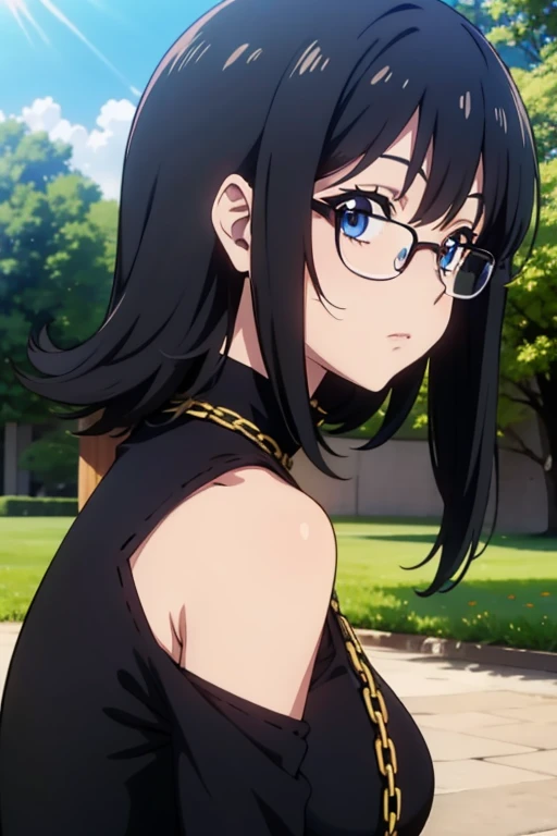 (masterpiece, high resolution, best quality, anime colored, anime screencap, 8k, photorealistic), Shizuku Murasaki, 1girl, cute, black hair, short hair, glasses, expressionless, huge breast, (tight black turtleneck long sleeve), (upper body:1.5, looking at away, from side), denim, inverted cross chain necklace, (perfect detailed anatomy, beautiful detailed eyes&hair, beautiful face, shiny skin), sunshine outdoors