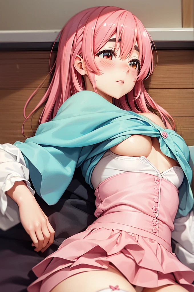 (((perfect pixels, perfect details))), alone, 1 girl, sumi sakurasawa, pink  camisole, looking, blushing, embarrassed , blushing, camisole, pink, blush, big breasts, pink hair, park, stading, bed, lying down 