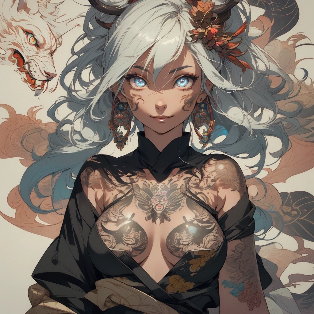 (((highest quality))),(((32k))),(((girl with tattoos))),very delicate face,(perfect physical beauty),(Super beautiful woman),Fancy hair color,earrings,(((big breasts))),(Emphasize cleavage),mandala,Geometric pattern,coat of arms,Detailed tattoo,(((detailed eyes))),Charm,The face is beautiful,background is white,smile,Japanese sculpture,stick out tongue,Bodhidharma,Yasa,Demon Fox,Japanese style,Buddha,((detailed perfect arms)),split tongue,breast enhancement,very bright highlights,Detailed highlights,