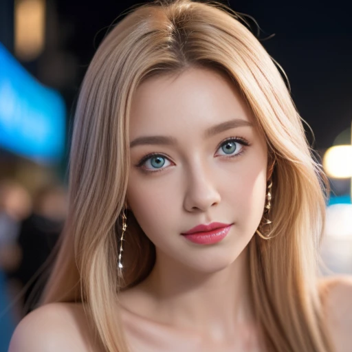 masterpiece,Highest image quality,Super details,sexy smile,amazing face and eyes, (Extremely detailed beautiful face), (The sexiest look), Snow-white breasts,Naked of breast,Deep cleavage,(best quality:1.4), (Super detailed), (Extremely detailed CG unified 8k wallpaper), The content is very detailed, RAW photos, Professional photography, ((Nice business suit)), Outdoor and below, (No man's street, Dark Night Commercial Street,), (night sky), depth of field,Blushed,raised eyebrows,very shy,Blonde hair, blue eyes,Ruddy complexion,looking at the audience,Dreamcatcher earrings,epic,concept art,glowing eyes,Bright Eyes,black,Deep cleavage,Naked of breast,