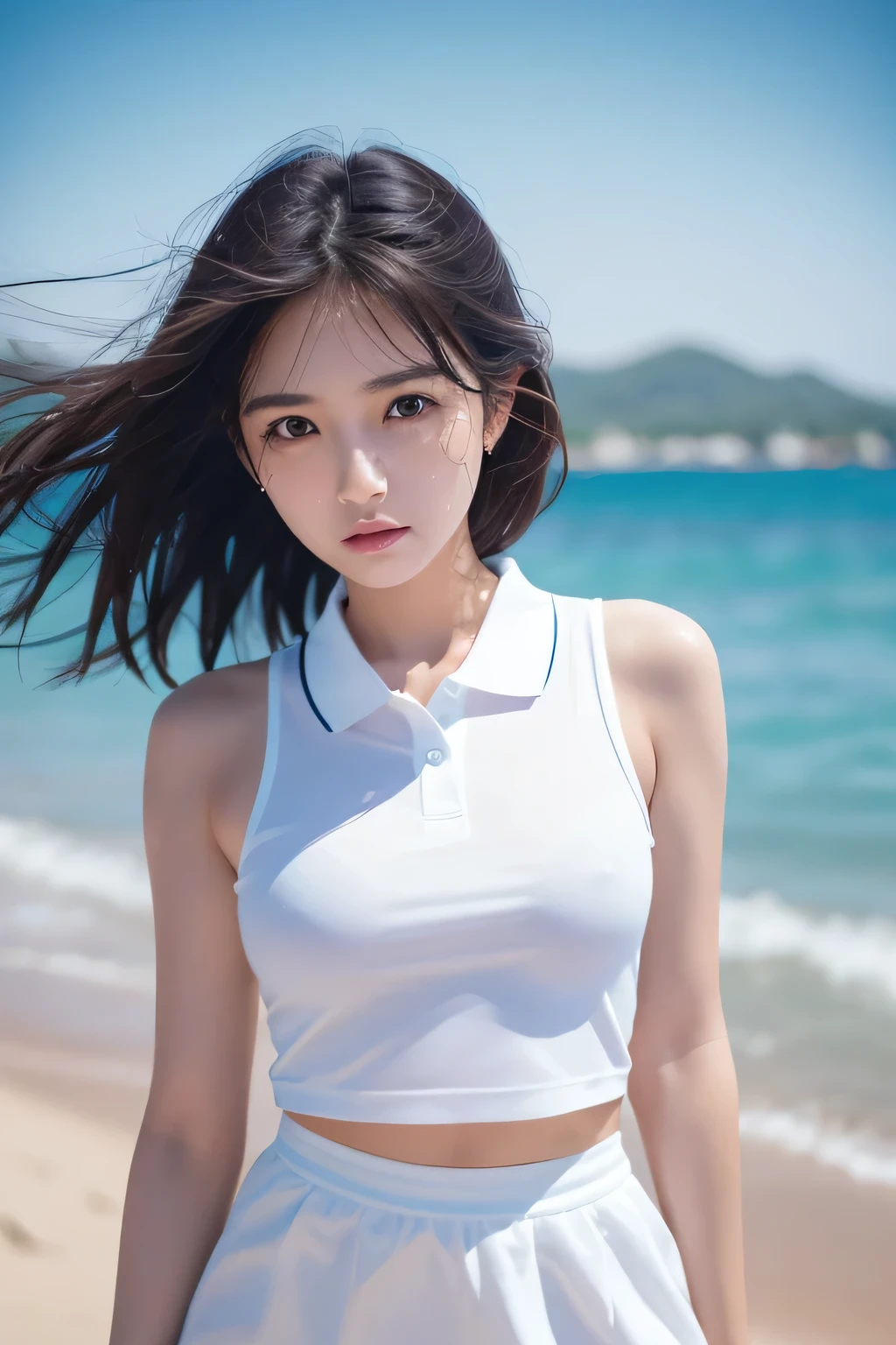 1 girl, alone, White polo shirt, white sneakers, white miniskirt, masterpiece, top quality, actual, Ultra-detailed, (shiny skin, sweaty: 1.4), absurd, camera stare, short black hair, brown eyes, thin and long, dynamic lighting, high resolution, sharp focus, depth of field, delicate eyes, sharp vision, actual eyes, (big deal: 1.2), (Thick thighs: 1.0), outdoor, Sky, korean idol, nogizaka idol, idol carving, actor,Standing on the beach