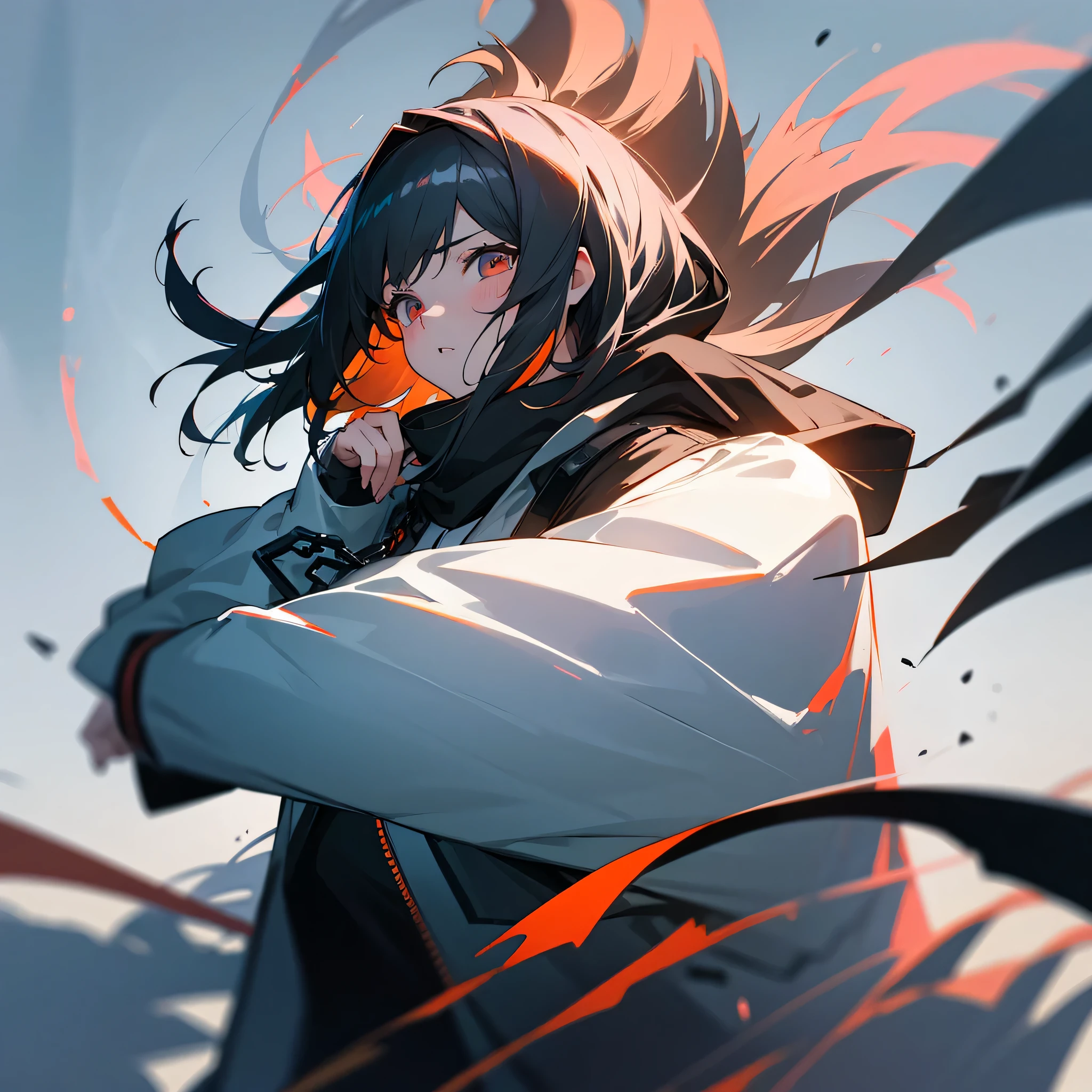 1girl, jacket, outdoor, hoodie, open jacket, chain,cute, kawai, looking at another, trending on artstation, 8k resolution, highly detailed, anatomically correct, sharp image, digital painting, concept art, trending on pixiv, soft femenine colors,black and white clothes, attractive aspect, hot look, arknights looks, arknights anime