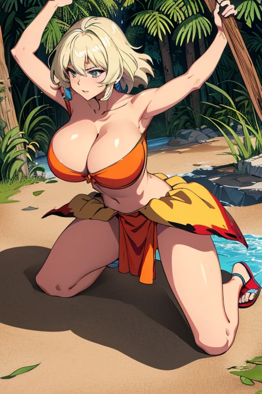 masterpiece, high resolution, best quality, beautiful art, 1 woman, Mii, big breasted, mature woman, cleavage, sexy and revealing outfit, sexy body, full body, working out, sexy training, stretching her body, bouncing breasts up and down, jungle environment 