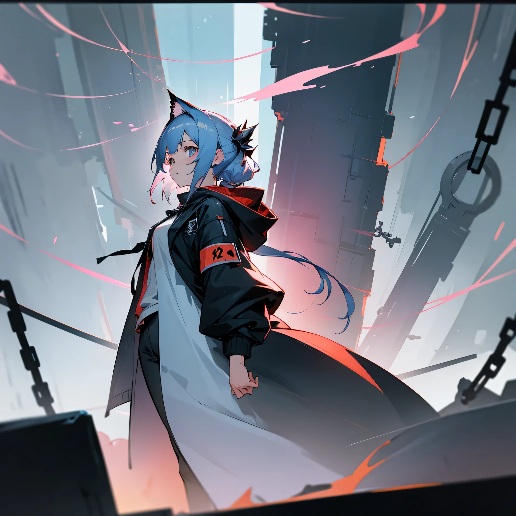 1girl, jacket, outdoor, hoodie, open jacket, chain,cute, kawai, looking at another, trending on artstation, 8k resolution, highly detailed, anatomically correct, sharp image, digital painting, concept art, trending on pixiv, soft femenine colors,black and white clothes, attractive aspect, hot look, arknights looks, arknights anime