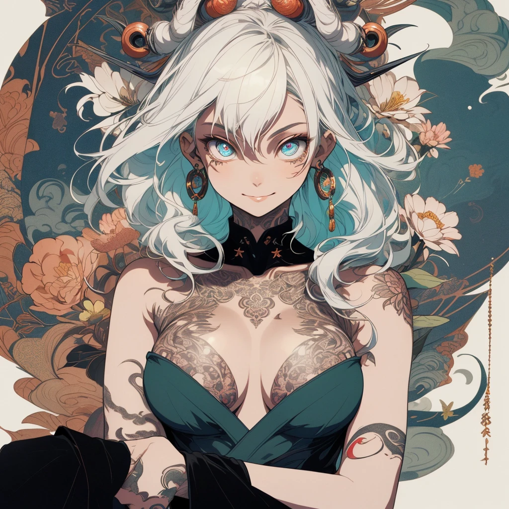 (((highest quality))),(((32k))),(((girl with tattoos))),very delicate face,(perfect physical beauty),(Super beautiful woman),Fancy hair color,earrings,(((big breasts))),(Emphasize cleavage),mandala,Geometric pattern,coat of arms,Detailed tattoo,(((detailed eyes))),Charm,The face is beautiful,background is white,smile,Japanese sculpture,stick out tongue,Bodhidharma,Yasa,Demon Fox,Japanese style,Buddha,((detailed perfect arms)),split tongue,breast enhancement,very bright highlights,Detailed facial balance,