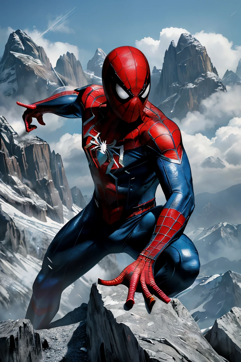 (Realistic, 3D rendering, Spiderman, amongst towering mountains, masterpiece, ultra-detailed, cinematic, web-slinging hero, best quality, RAW image, dynamic angle, comic book style, textured suit, intricate muscle definition, detailed facial features, bright red eyes, photorealistic, high resolution, 8K, vibrant colors, mountain range backdrop, physically accurate, web lines, stunning visual effects, lifelike expressions)
A remarkably realistic 3D rendering of Spiderman, perched atop a mountain range, effortlessly showcasing his web-slinging abilities. The striking image is a masterpiece, featuring intr