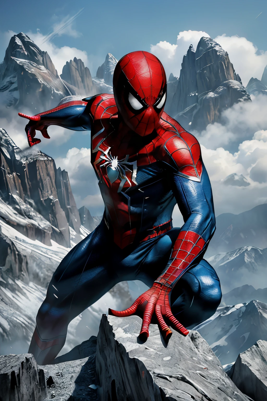 (Realistic, 3D rendering, Spiderman, amongst towering mountains, masterpiece, ultra-detailed, cinematic, web-slinging hero, best quality, RAW image, dynamic angle, comic book style, textured suit, intricate muscle definition, detailed facial features, bright red eyes, photorealistic, high resolution, 8K, vibrant colors, mountain range backdrop, physically accurate, web lines, stunning visual effects, lifelike expressions)
A remarkably realistic 3D rendering of Spiderman, perched atop a mountain range, effortlessly showcasing his web-slinging abilities. The striking image is a masterpiece, featuring intr