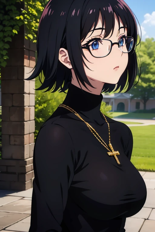 (masterpiece, high resolution, best quality, anime colored, anime screencap, 8k, photorealistic), Shizuku Murasaki, 1girl, cute, black hair, short hair, glasses, expressionless, huge breast, (tight black turtleneck shirt), (upper body:1.5, looking at away, from side, breast focus), denim, inverted cross chain necklace, (perfect detailed anatomy, beautiful detailed eyes&hair, beautiful face, shiny skin), sunshine outdoors