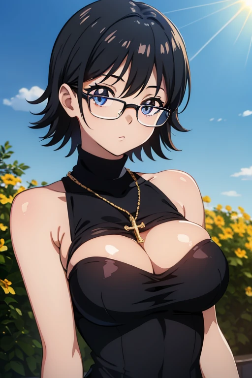 (masterpiece, high resolution, best quality, anime colored, anime screencap, 8k, photorealistic), Shizuku Murasaki, 1girl, cute, black hair, short hair, glasses, expressionless, huge breast, (tight black turtleneck shirt), (upper body:1.5, looking at away, from side, breast focus), denim, inverted cross chain necklace, (perfect detailed anatomy, beautiful detailed eyes&hair, beautiful face, shiny skin), sunshine outdoors