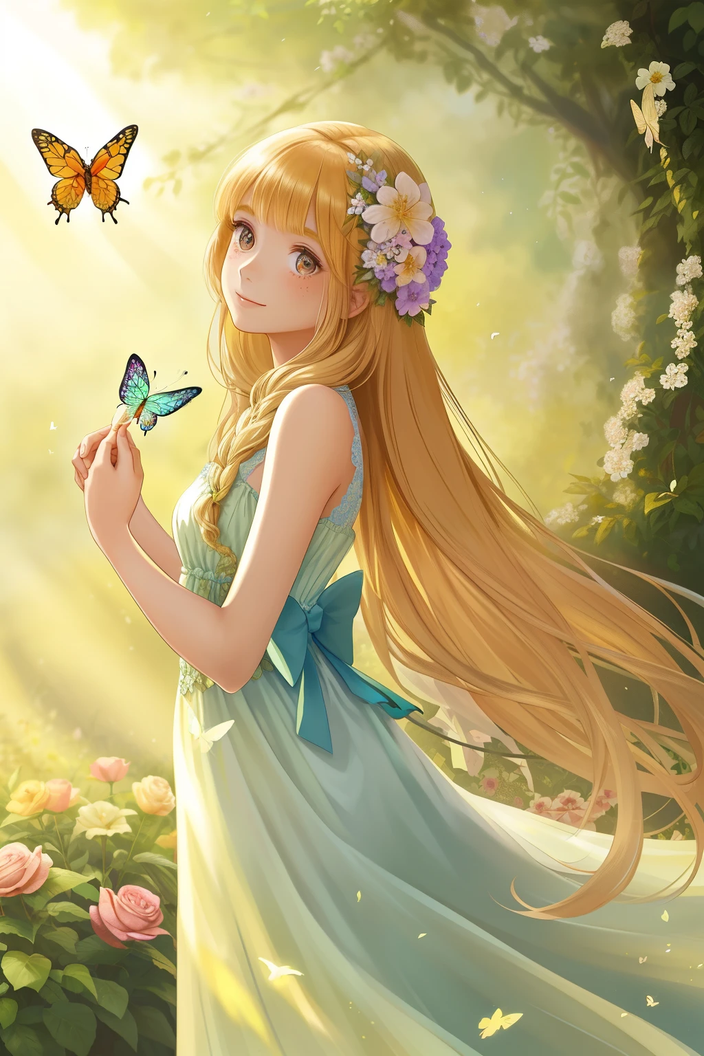 A beautiful young girl, adorned in a delicate floral dress, plays with a butterfly in an enchanting, sunlit garden. Her long, golden hair cascades down her back as she gazes at the ethereal creature with wide, bright eyes and a radiant smile. Her flawless, porcelain skin glows in the soft, natural light, and every detail is captured in crisp, high resolution, with each freckle and strand of hair presented in stunning detail. The butterfly flutters around her gracefully, its iridescent wings shimmering in the sunlight, as she delicately cups her hands to protect it. The vibrant flowers and lush gre