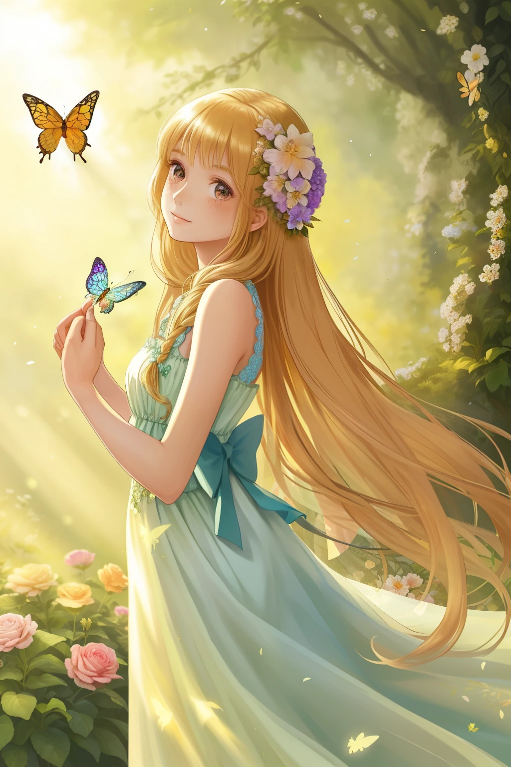 A beautiful young girl, adorned in a delicate floral dress, plays with a butterfly in an enchanting, sunlit garden. Her long, golden hair cascades down her back as she gazes at the ethereal creature with wide, bright eyes and a radiant smile. Her flawless, porcelain skin glows in the soft, natural light, and every detail is captured in crisp, high resolution, with each freckle and strand of hair presented in stunning detail. The butterfly flutters around her gracefully, its iridescent wings shimmering in the sunlight, as she delicately cups her hands to protect it. The vibrant flowers and lush gre