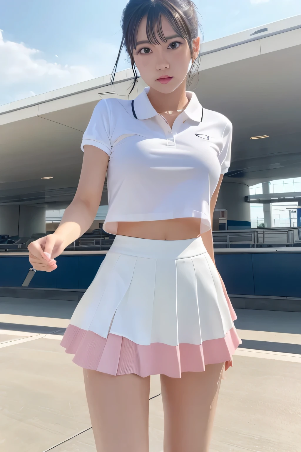 1 girl, alone, White polo shirt, white sneakers, Pink tennis suit: 1.3, white miniskirt, masterpiece, top quality, actual, Ultra-detailed, (shiny skin, sweaty: 1.4), absurd, camera stare, short black hair, brown eyes, thin and long, dynamic lighting, high resolution, sharp focus, depth of field, delicate eyes, sharp vision, actual eyes, (big deal: 1.2), (Thick thighs: 1.0), outdoor, Sky, korean idol, nogizaka idol, idol carving, actor,Standing at the airport