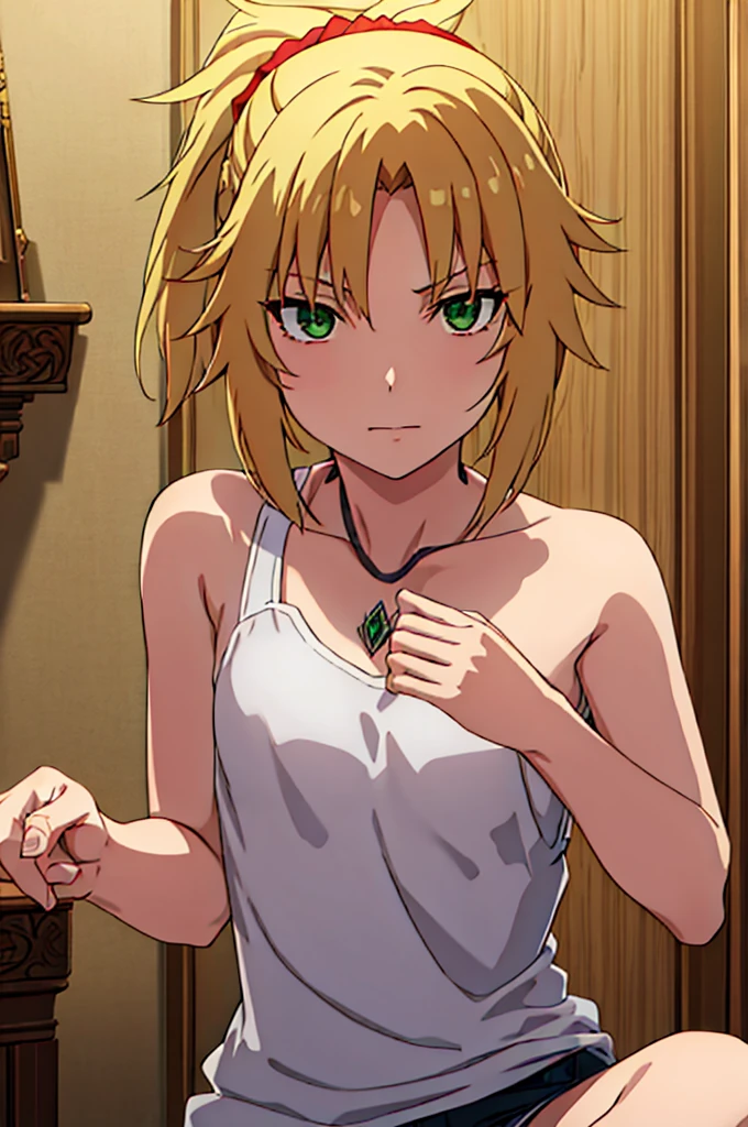 1 girl, fgomordred, modred, (green eyes:1.5), blonde hair, ponytail, short hair, scrunchie, red scrunchie, hair scrunchie, (small chest:1.2), BREAK blonde hair, white camisole,camisole, stading, BREAK looking at viewer, BREAK bedroom, BREAK (masterpiece:1.2), best quality, high resolution , unity 8k wallpaper, (artwork: 0.8), (beautiful detailed eyes: 1.6), extremely detailed face, perfect lighting, extremely detailed CG (perfect hands, perfect anatomy),camisole