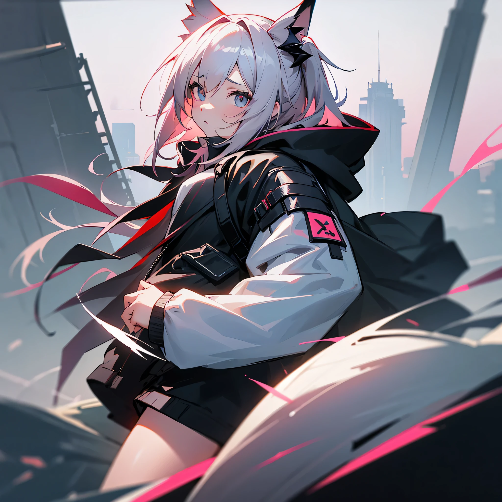 1girl, jacket, outdoor, hoodie, open jacket, chain,cute, kawai, looking at another, trending on artstation, 8k resolution, highly detailed, anatomically correct, sharp image, digital painting, concept art, trending on pixiv, soft femenine colors,pink,monocromatic colors, black and white, attractive aspect, hot look, arknights looks, arknights anime