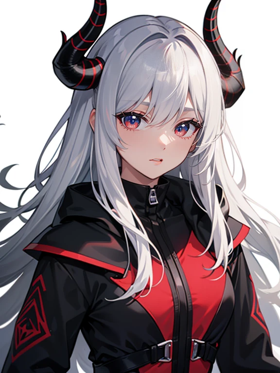high quality, award winning, highres, 8k.  female eye color: (right eye) blue, (left eye) silver  Hair color:black  dragon Has a black and red tail, black and red wings, and black and red horns
