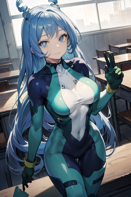 Nejirehadu, Nejire Wave, blue eyes, blue hair, long hair,
break blue body suit, body suit, drill hair, gloves, green body suit, multicolored body suit, colorful clothes, yellow gloves,
break looking at viewer, whole body,
break indoors, classroom,
break (table top:1.2), highest quality, High resolution, unity 8k wallpaper, (figure:0.8), (beautiful and fine eyes:1.6), highly detailed face, perfect sentence, Highly detailed CG, (perfect hands, perfect anatomy),