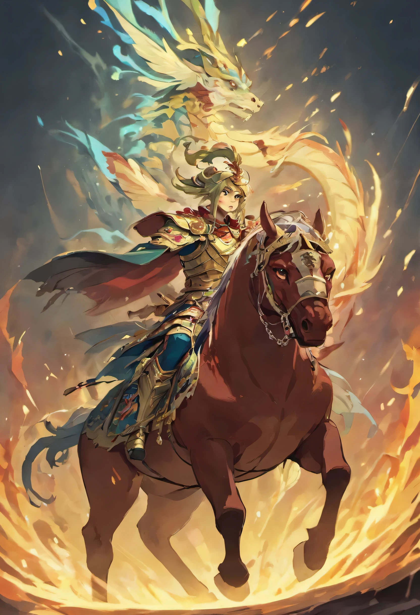 Wearing Chinese armor with Chinese dragon elements，General riding a horse，The main color should not be too dark，Be serious，handsome man ，Flat image