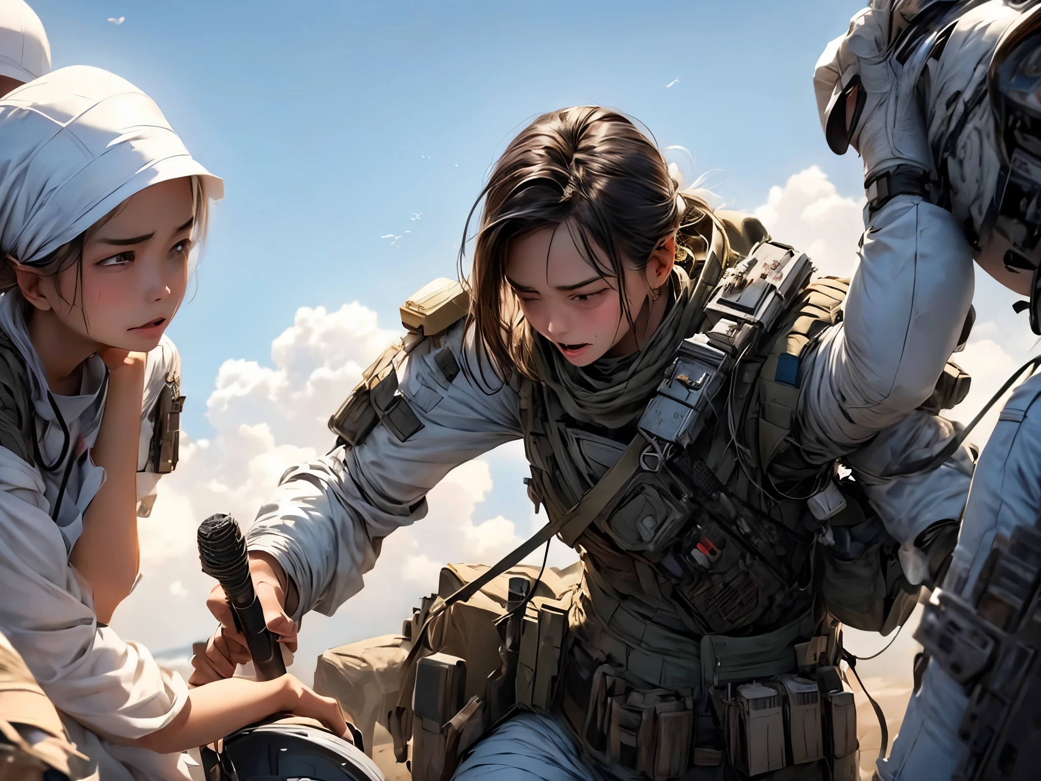 (best quality, 4K, high resolution), A field hospital, a military doctor treating an injured female soldier, medical equipment, emergency lighting, tense atmosphere, camouflage uniforms, determined expression, pristine white bandages, caring hands, medical supplies neatly organized, life-saving procedures, the sound of beeping machines, sterile environment, dedicated medical team, a sense of urgency, life and death, high-stakes situation, a ray of hope, teamwork, precision in action, professionalism, military discipline, a strong bond between doctor and patient, the smell of antiseptic, a glimpse of bravery, sacrificial service, bravery in the face of danger, a reflection of human resilience, a powerful narrative, capturing a moment of heroism, a symbol of sacrifice and healing.