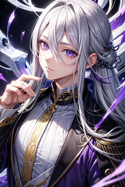 odd eye、silver hair all back、male、hair is long to the shoulders、odd eye、maleの左目赤色、male右目青、Purple coat、Increase wide angle、sharp eyes