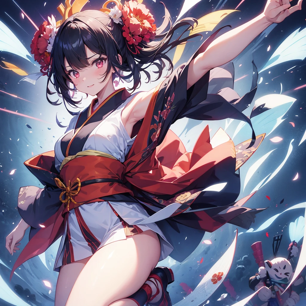 Mai Shiranui, doing a kick, dynamic pose, realistic lighting, vibrant colors, brown hair, big chest, beautiful, fighting