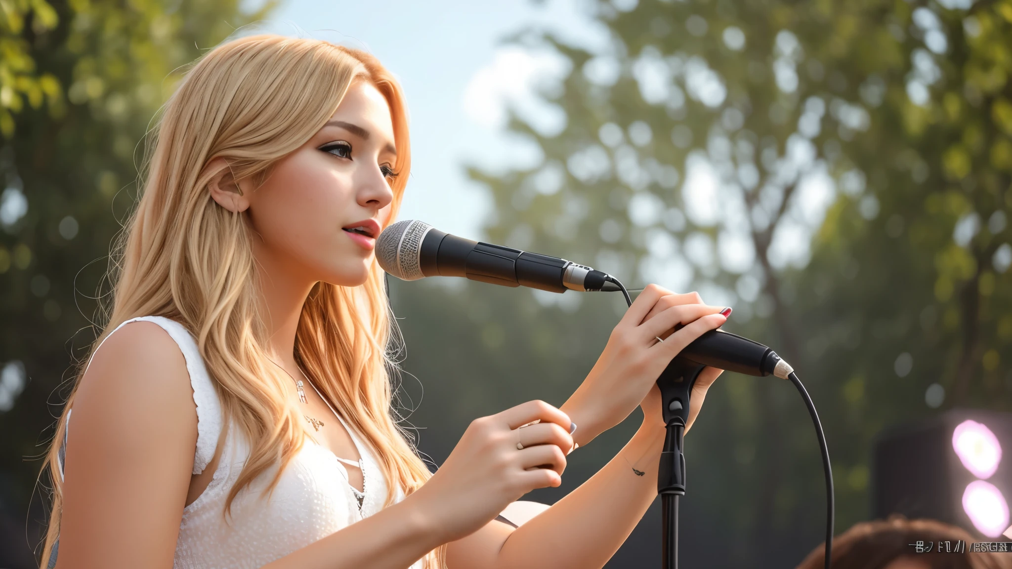 8k, best quality, masterpiece, realistic, ultra detail, photo-realistic, Increased quality, photo of a female singer on the outdoor stage, blonde hair, photorealistic, sunlight,