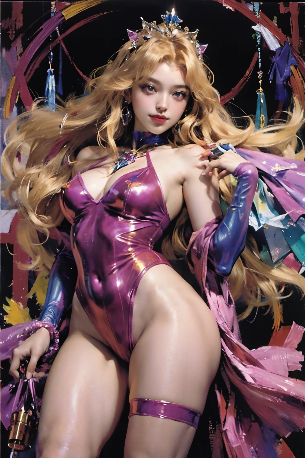 (oil painting:1.5), (NSFW:1.2), a woman joyfully twirling in the raining paint, paint raining, thick paint rainbow hair, body covered with paint, joyful, ((sfw)), calm facial expression, relaxed, gentle smile, (clothes made of liquid paint)), front view, (a girl with sailor moon style),illustration, vibrant colors, magical atmosphere,sparkling eyes,long blonde hair,anime art,smiling expression,cute pose,cosmic background,moonlit night,fantasy world,sparkling stars,stylish outfit,tiara,moon scepter,heart-shaped brooch,wavy hair,flowing ribbons,powerful magical aura,moonlight shining on her,shimmering details,glowing transformation sequence,peaceful and confident,sailor guardian of love and justice,inspired by the iconic anime series. Create an illustration using the soft and ethereal qualities of watercolor. Beautiful pink skin anime model full body, sun-bathing on floating cloud along the suns surface, enticing eyes, curly hair dreamy, background thick clouds,, hyperdetailed, detailed, (masterpiece) . high fashion, luxurious, extravagant, stylish, , opulent, elegance, stunning beauty, professional, high contrast, detailed, Depict a dreamy, whimsical scene with elements that seem to merge with the background