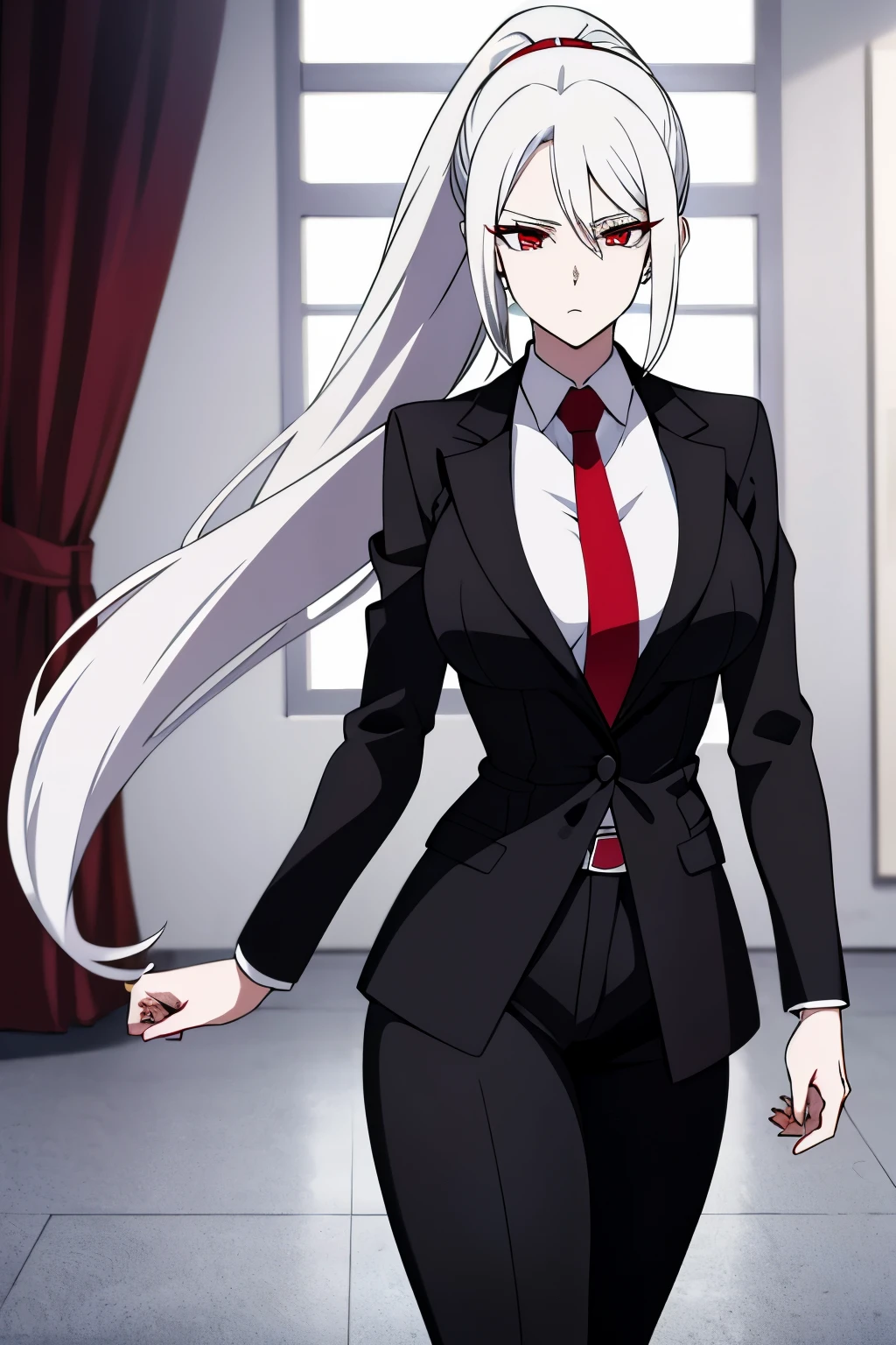Anime style, in house, woman, white hair, long ponytail, very pale skin, red eyes, medius size breasts, thick thighs, black formal suit, black pants, red tie, emotionless.