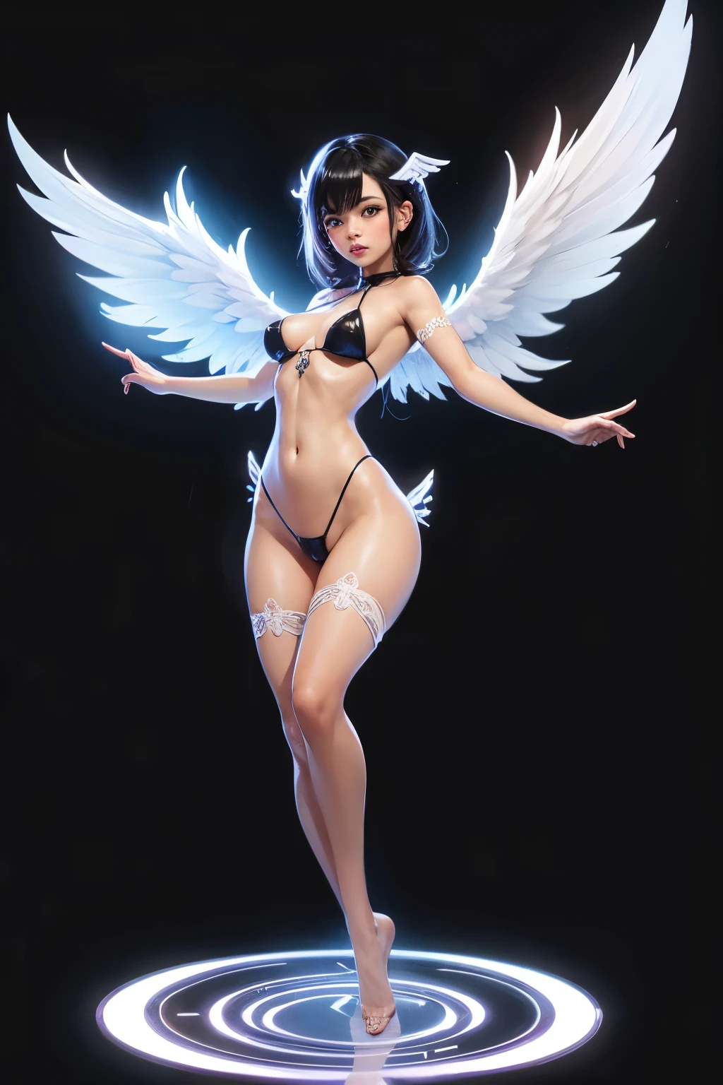 Sexy angel woman wearing transparent sexy micro bikini full body standing with arms down,vista frontal