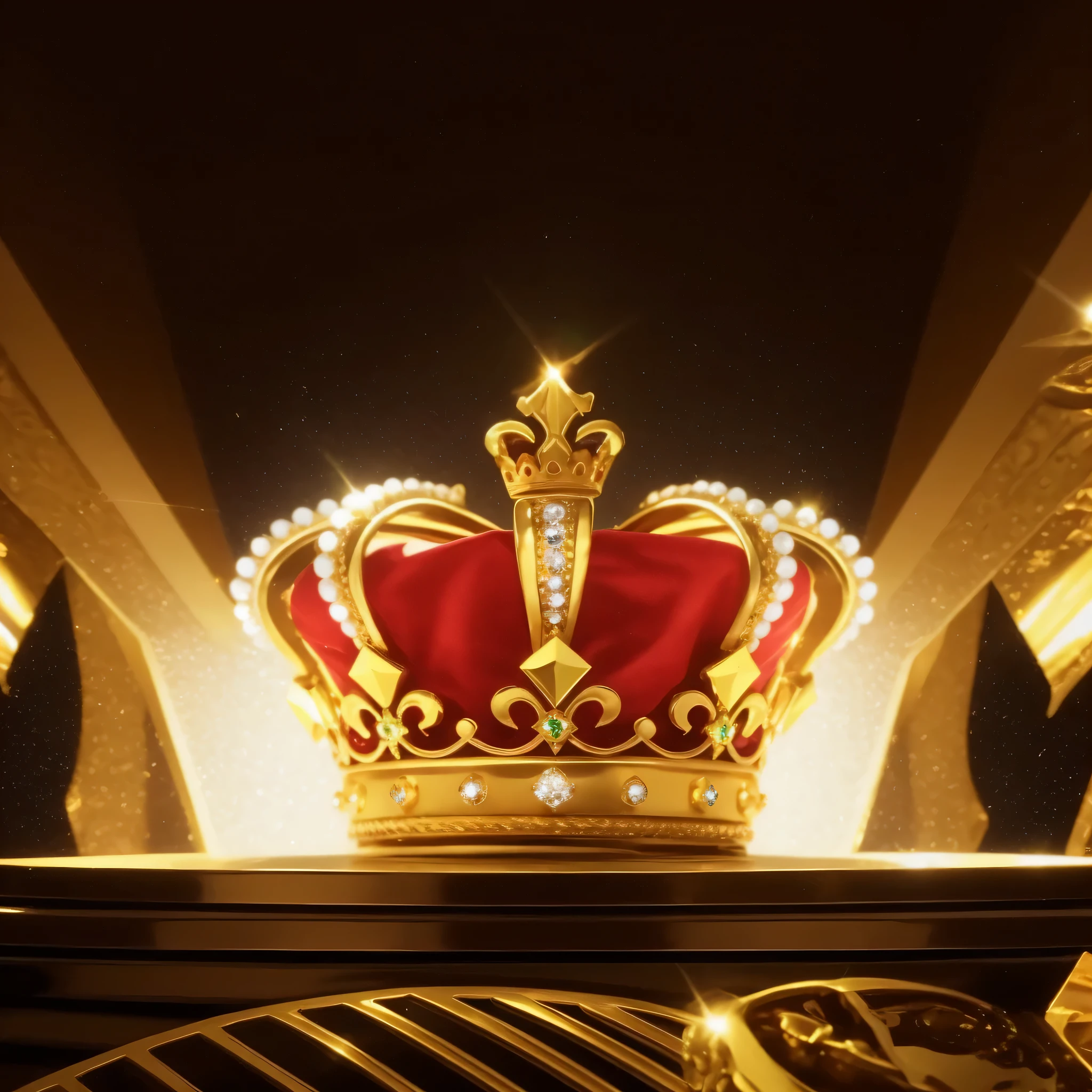 Close-up of the king's crown on gold table. Black solid background,Set with diamonds, ruby, emeralds, and sapphire. the design it has,and jewelry that reflects light and creates a dazzling effect. The camera is a Nikon D850,Equipped with EE 70mm lens. Resolution 8K,The details are super realistic. The image was taken in a dimly lit room,Spotlight shines on the crown and table. The background is dark and blurry,Emphasize contrast and focus on main themes.