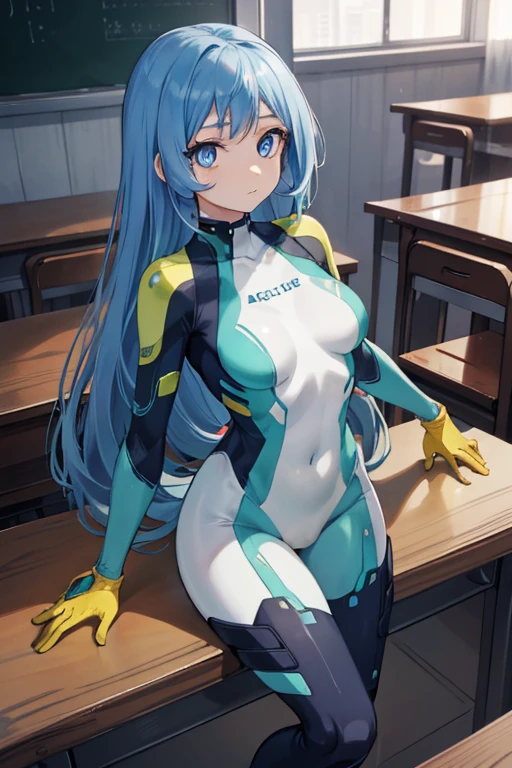 Nejirehadu, Nejire Wave, blue eyes, blue hair, long hair,
break blue body suit, body suit, drill hair, gloves, green body suit, multicolored body suit, colorful clothes, yellow gloves,
break looking at viewer, whole body,
break indoors, classroom,
break (table top:1.2), highest quality, High resolution, unity 8k wallpaper, (figure:0.8), (beautiful and fine eyes:1.6), highly detailed face, perfect sentence, Highly detailed CG, (perfect hands, perfect anatomy),